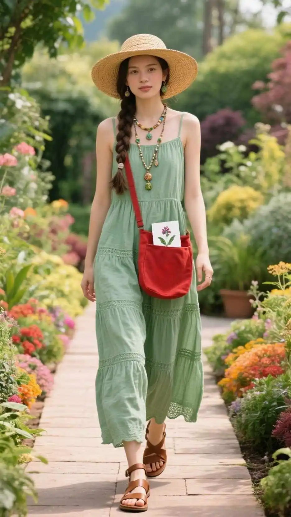 Straw Visor + Smocked Maxi Dress + Leather Thong Sandals