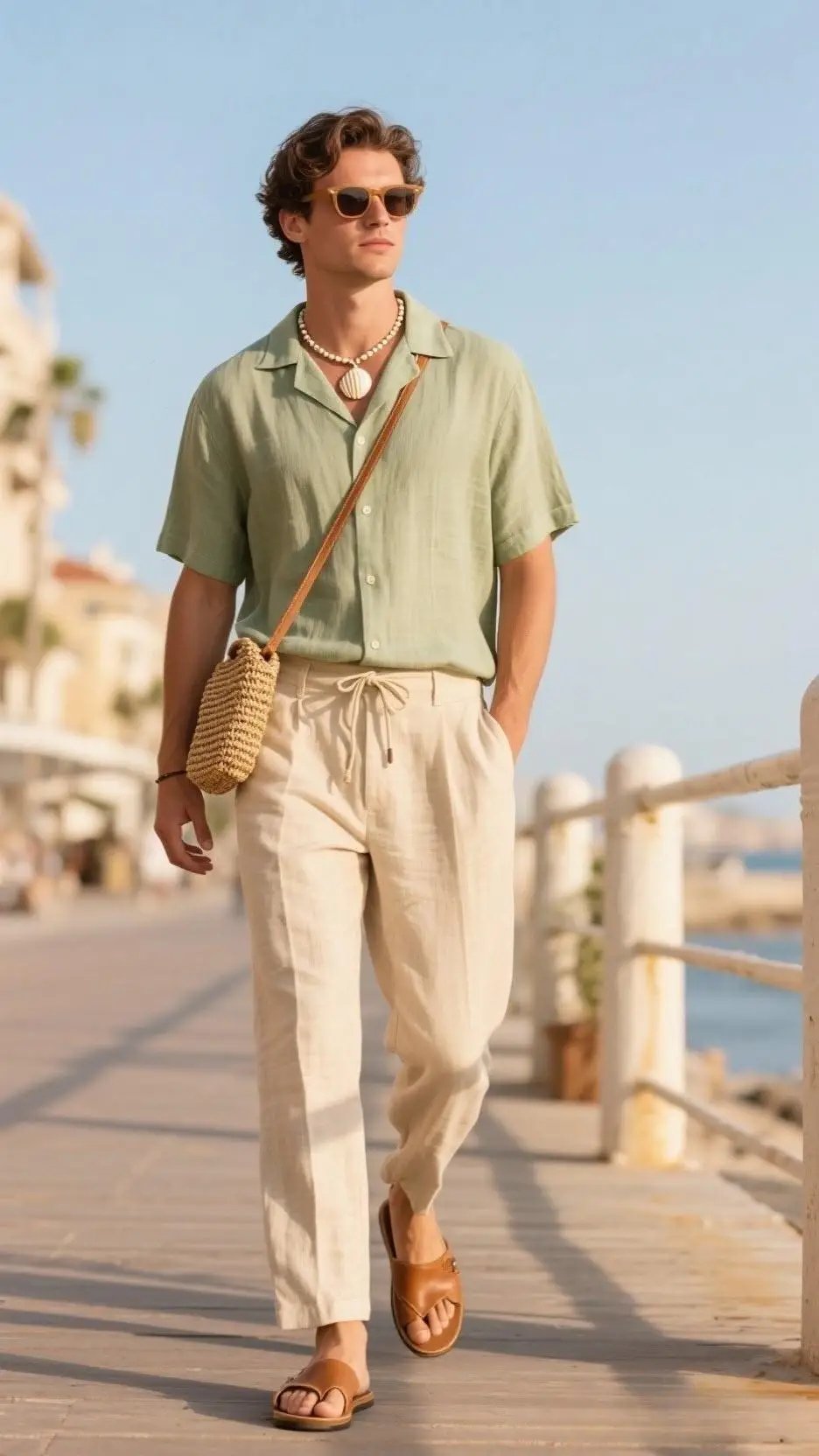 Linen Cuban Collar Shirt + Drawstring Linen Trousers + Leather Slides