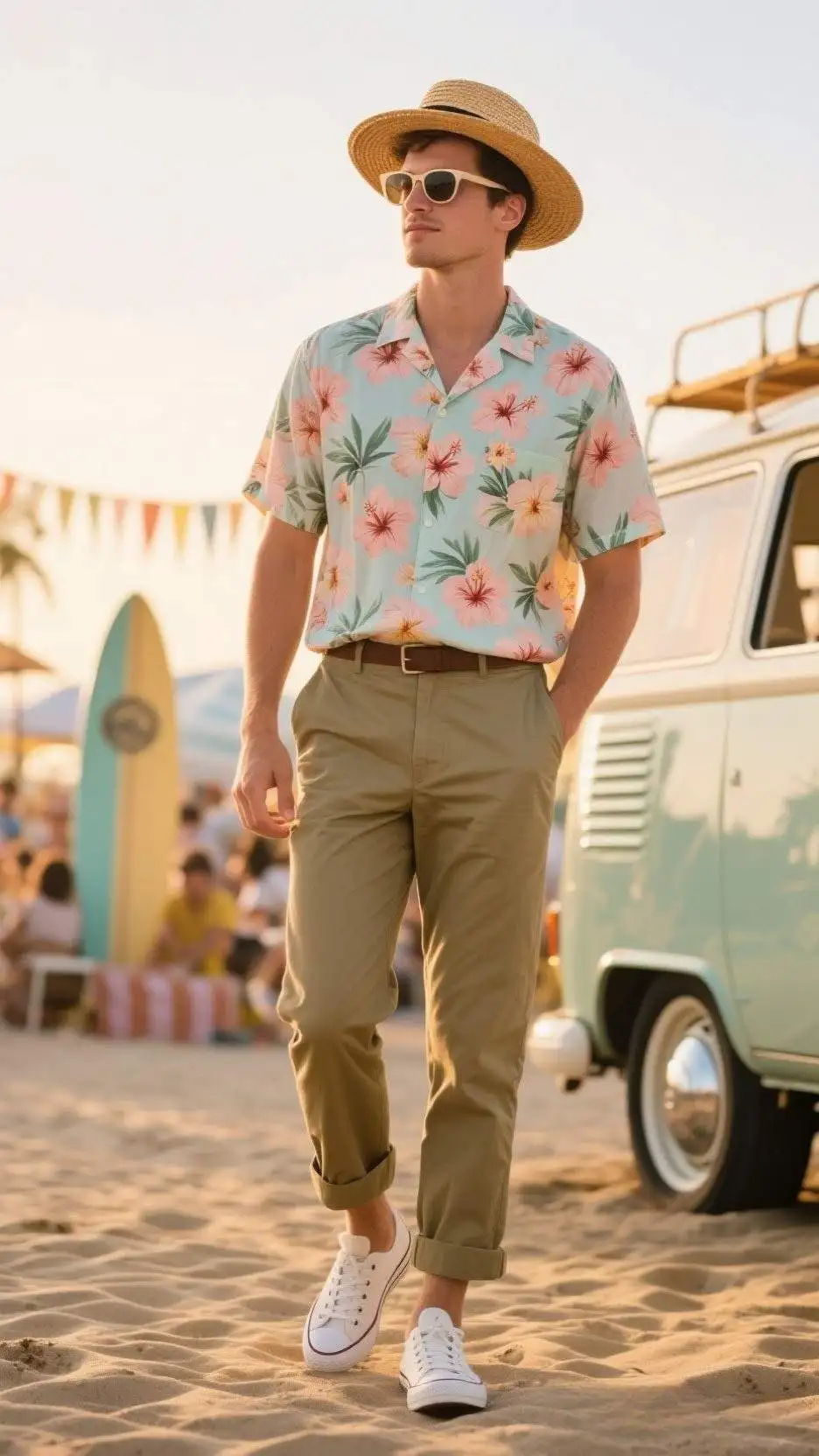 Camp-Collar Hawaiian Shirt + Tailored Khaki Chinos + White Canvas Low-tops