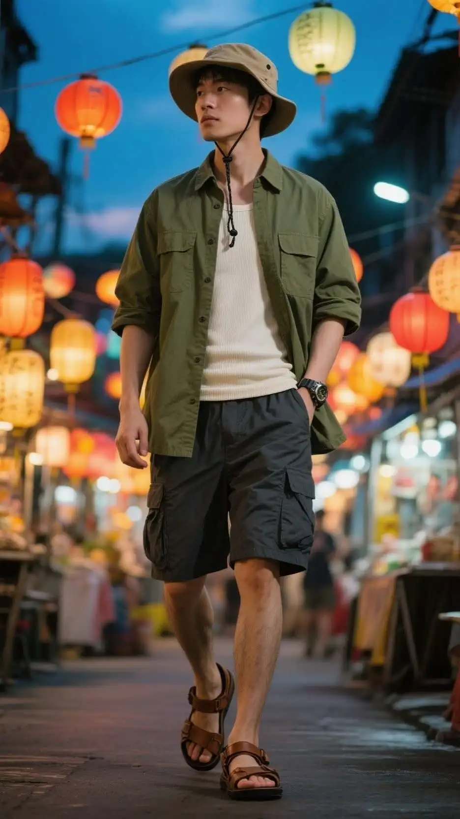 Poplin Utility Overshirt + Organic Cotton Tank + Tech-Shell Cargo Shorts + Huarache Sandals