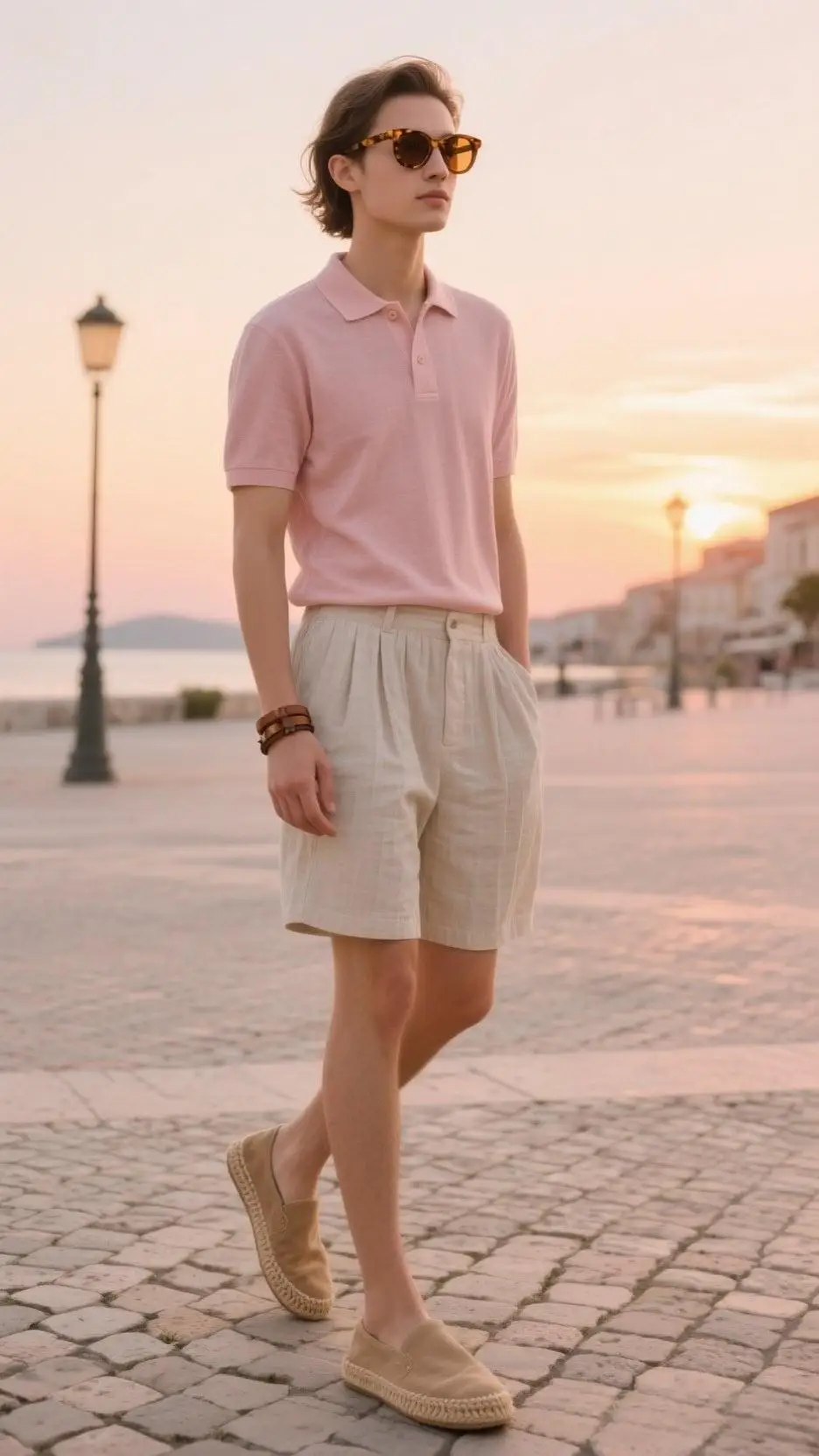 Linen-Blend Polo + Pleated Bermuda Shorts + Suede Espadrilles
