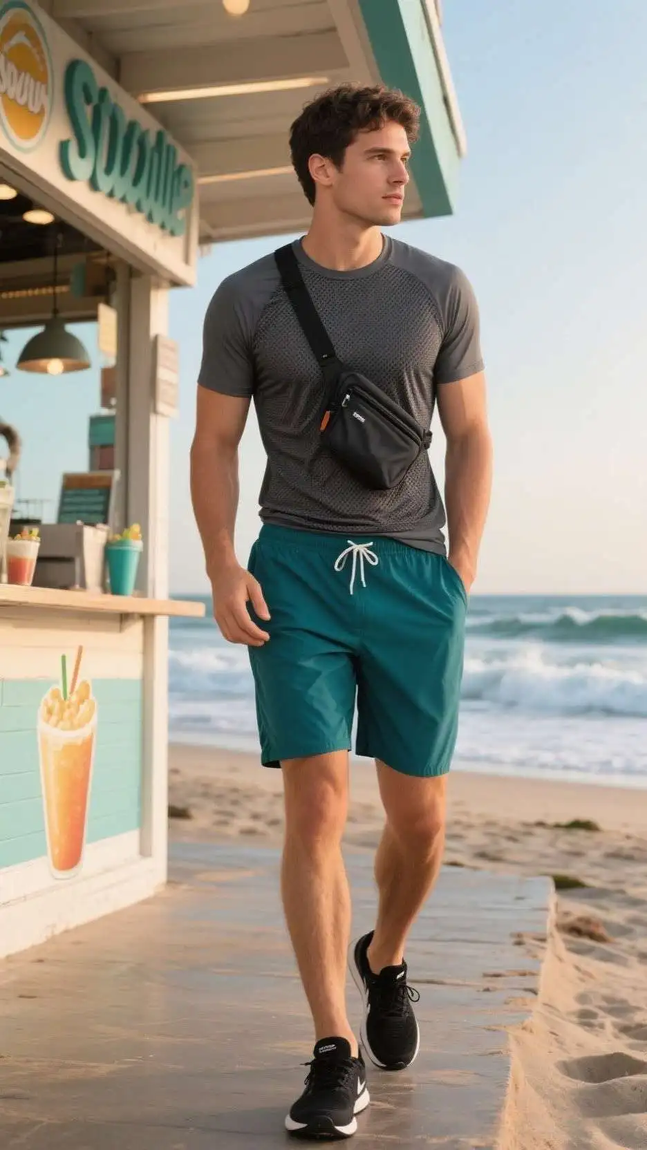 Tech Weave Performance Tee + Slim Swim Trunks + Slip-On Water Sneakers