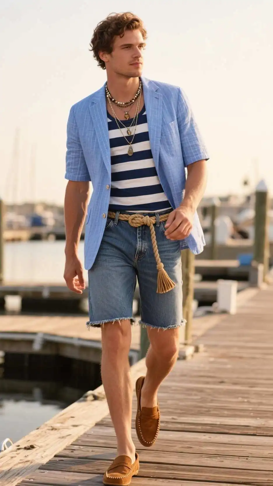 Short-Sleeve Seersucker Blazer + Breton Knit Tank + Denim Cut-Offs + Loafers