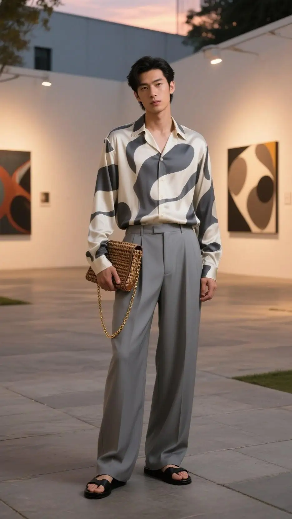 Silk-Blend Bowling Shirt + Wide-Leg Tencel Trousers + Minimalist Leather Sandals