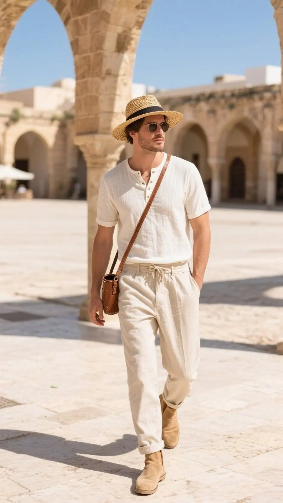 Cotton-Linen Henley + Paper-Bag Waist Trousers + Desert Boots