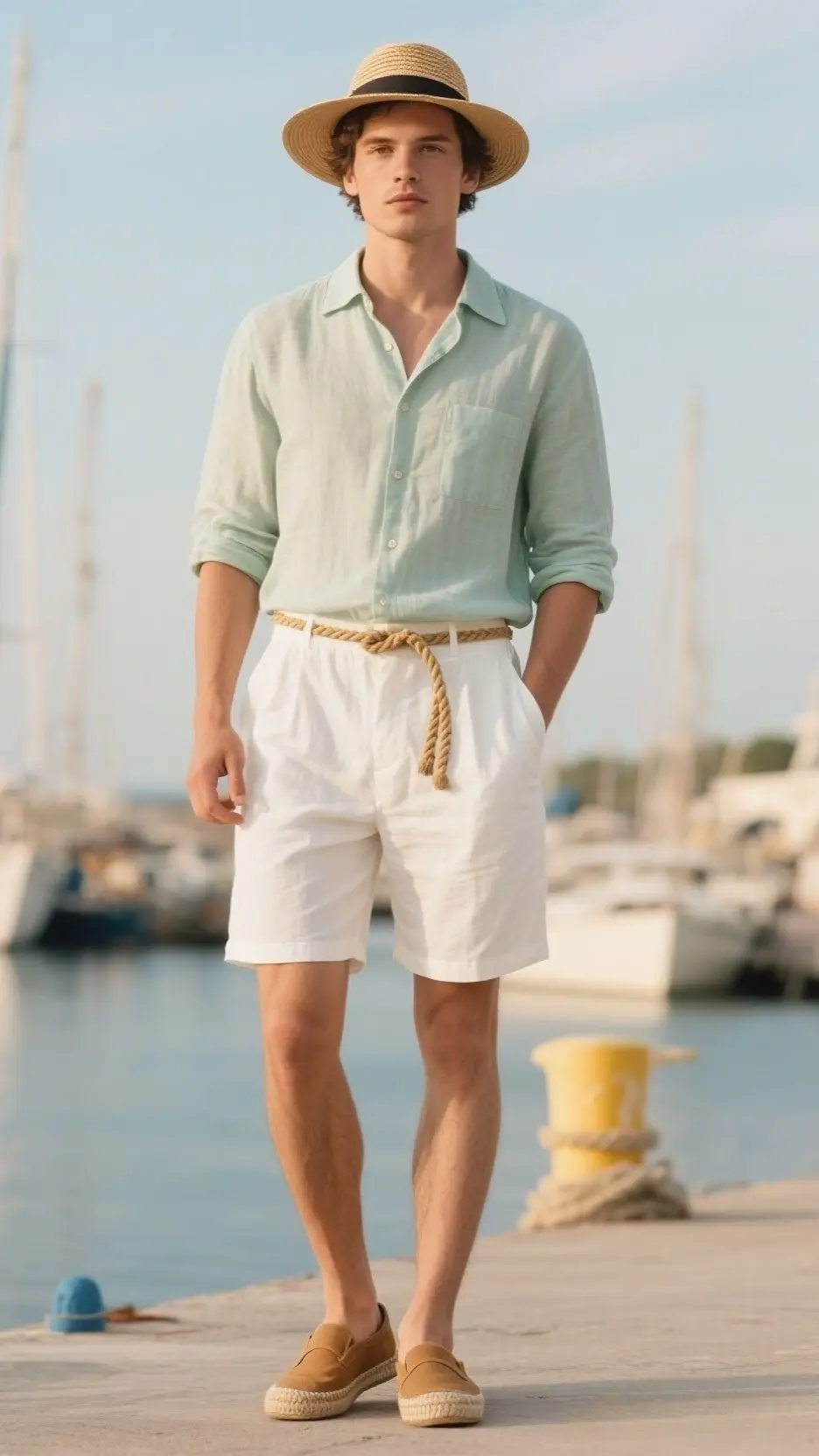 Panama Fedora + Camp-Collar Sea-Foam Linen Shirt + White Linen Shorts + Braided Rope Belt + Tan Espadrilles