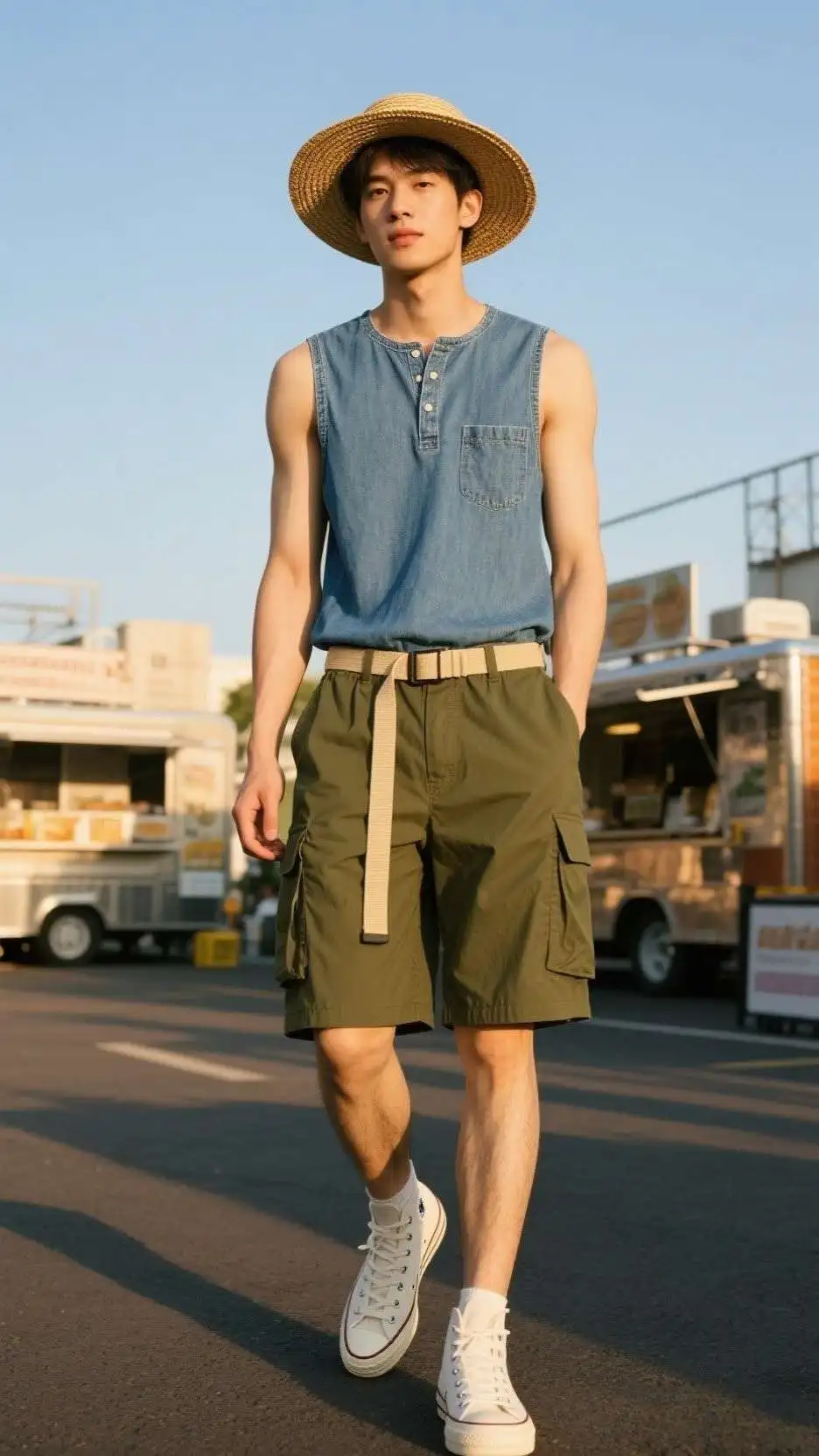 Straw Bucket Hat + Sleeveless Indigo Chambray Henley + Olive Tech Cargo Shorts + Canvas Web Belt + White Low-Top Canvas Sneakers