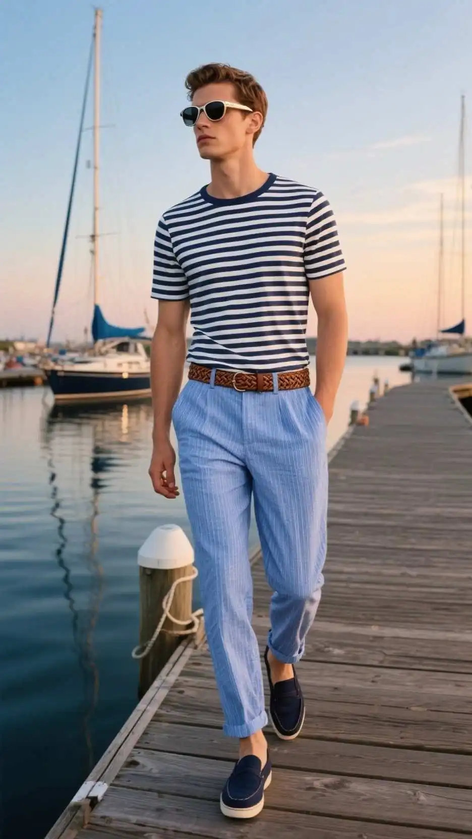 Aviator Sunglasses + Breton-Striped Boatneck Tee + Sky-Blue Seersucker Trousers + Woven Leather Belt + Navy Deck Shoes