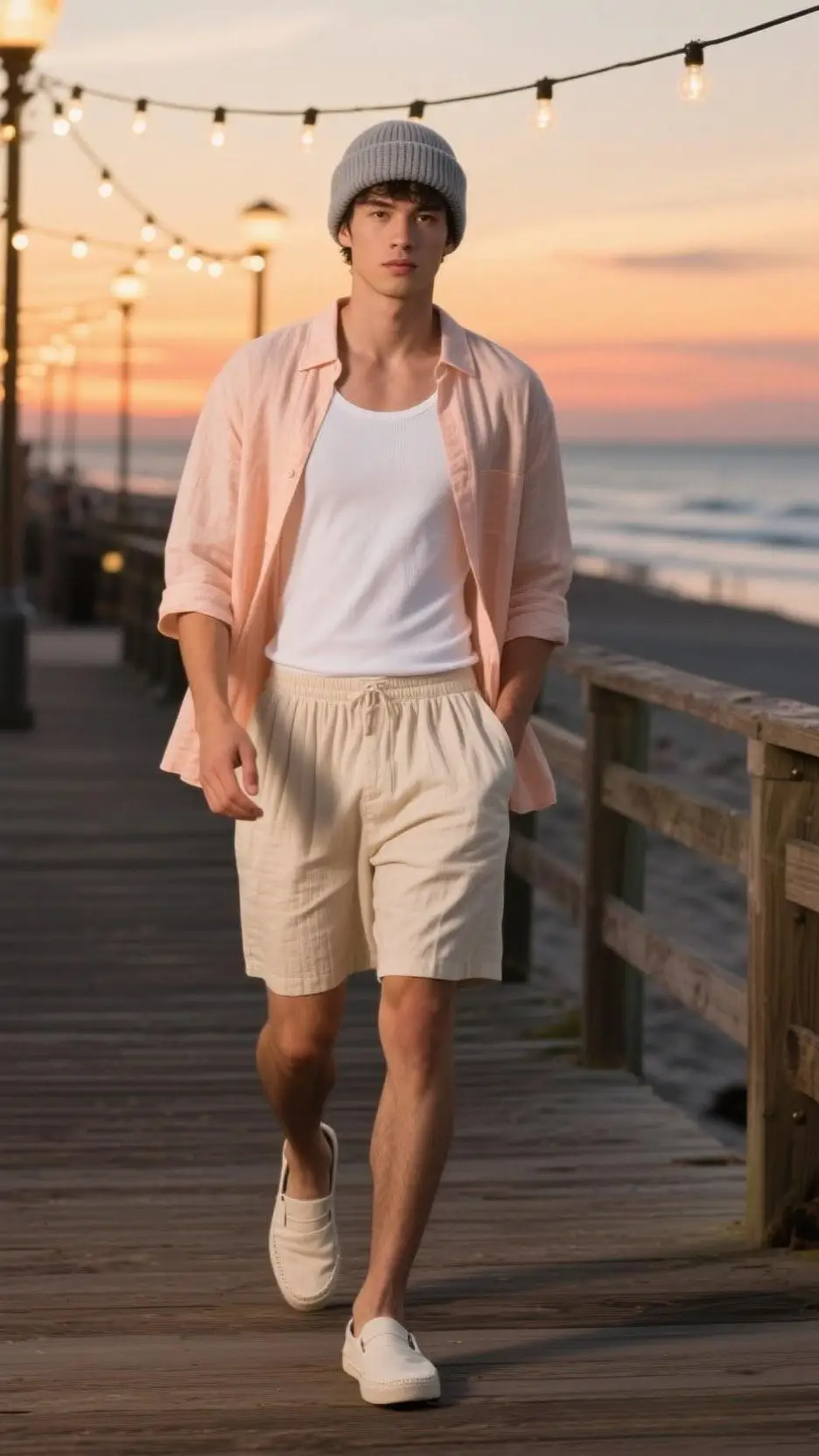 Lightweight Knitted Beanie + Peach Linen-Blend Overshirt + Crisp White Tank + Sand Twill Pleated Shorts + Off-White Slip-On Loafers