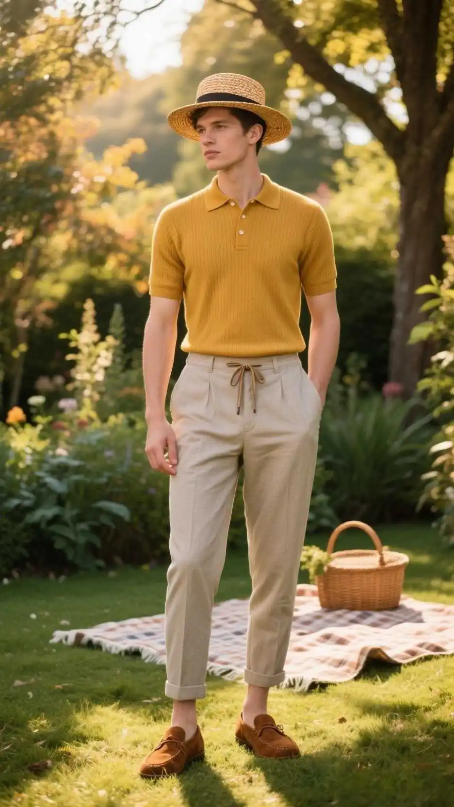 Wicker Trilby + Mustard Polo Sweater + Stone Tailored Linen Drawstring Trousers + Suede Driving Mocs