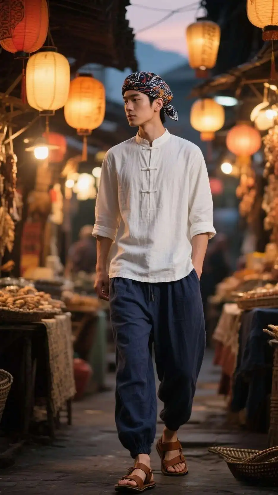 Bandana Headwrap + White Linen Mandarin-Collar Shirt + Navy Linen-Cotton Joggers + Brown Leather Fisherman Sandals