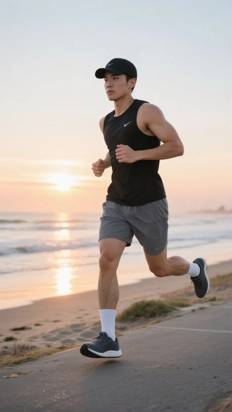 Mesh Baseball Cap + Black Sleeveless Performance Tee + Grey Lightweight Running Shorts + Athletic Ankle Socks + Knit Sneakers