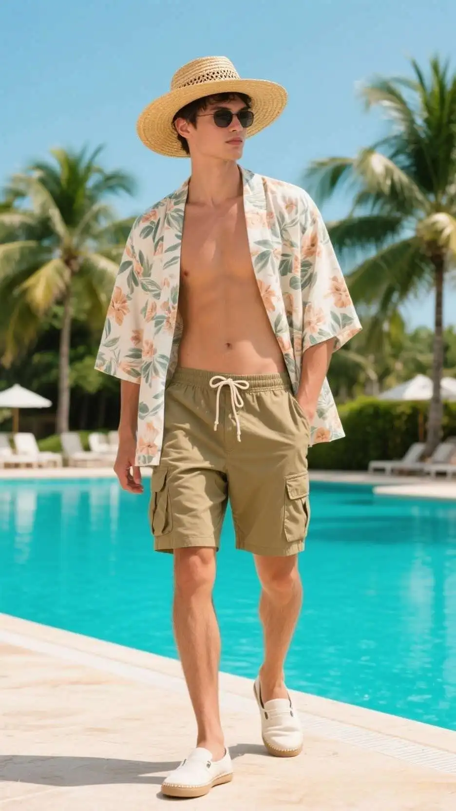 Wide-Brim Straw Lifeguard Hat + Floral Print Rayon Kimono Shirt + Khaki Drawstring Utility Shorts + Canvas Beach Slip-Ons