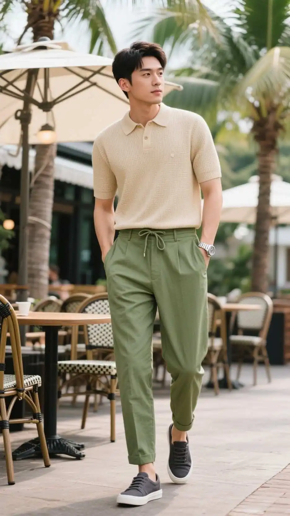 Knit Polo + Tencel Drawstring Trousers + Slip-On Canvas Sneakers