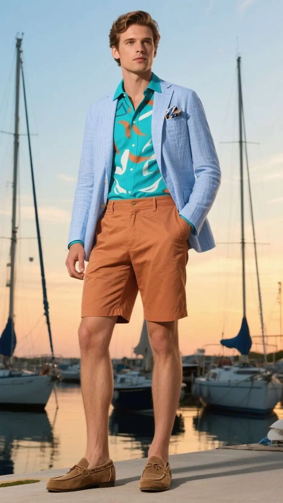 Seersucker Blazer + Graphic Camp-Collar Shirt + Tailored Chino Shorts + Suede Driving Mocs