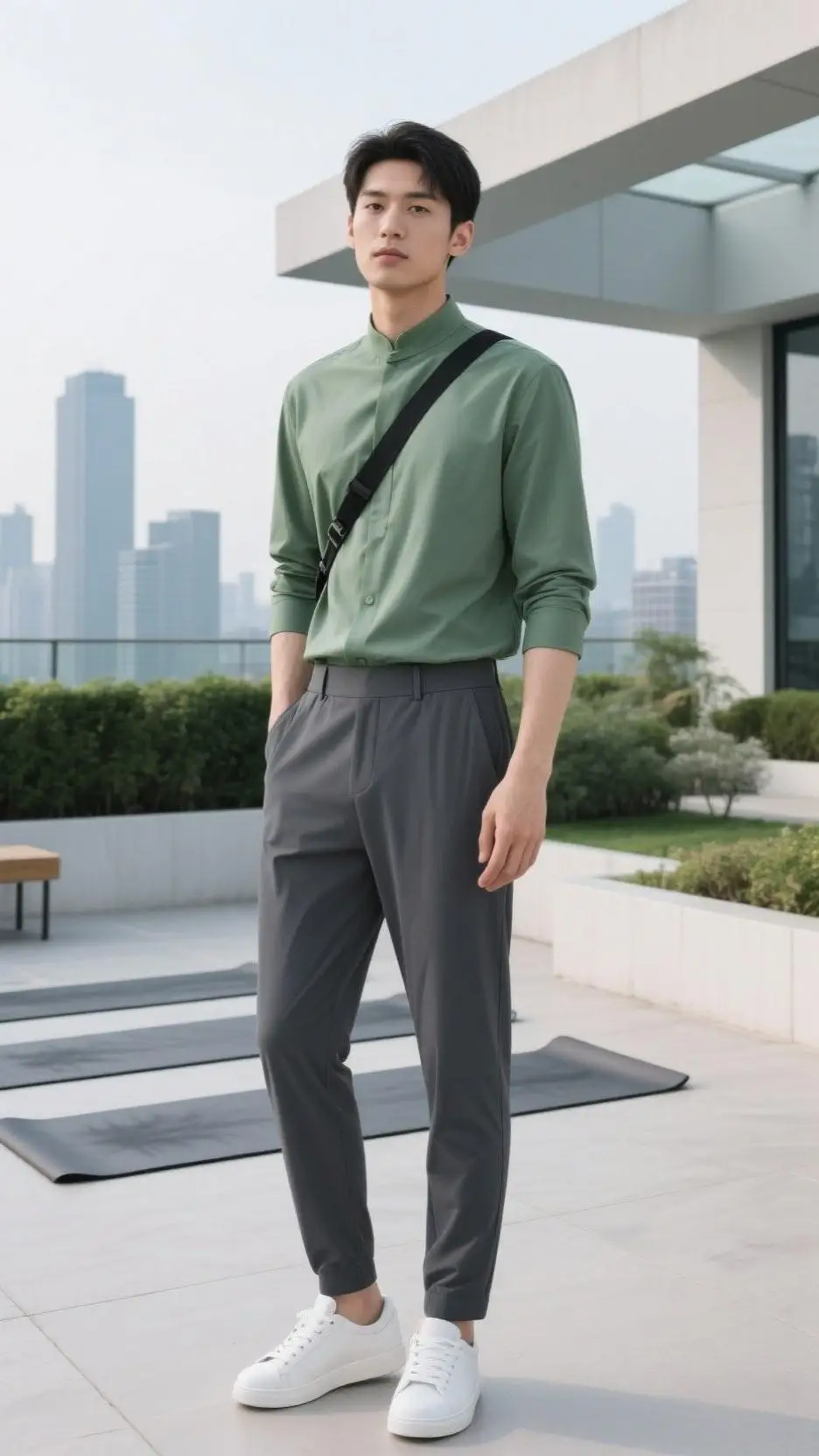 Short-Sleeve Mandarin Collar Shirt + Tech Joggers + Minimalist Low-Top Trainers