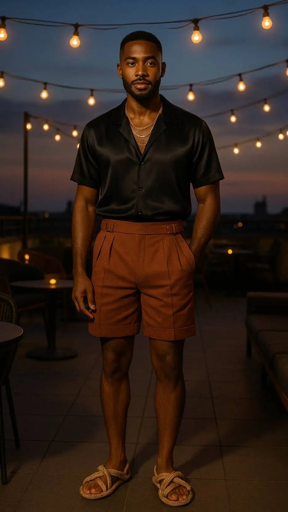 Silk-Blend Cuban Collar Shirt + High-Waist Gurkha Shorts + Braided Rope Sandals
