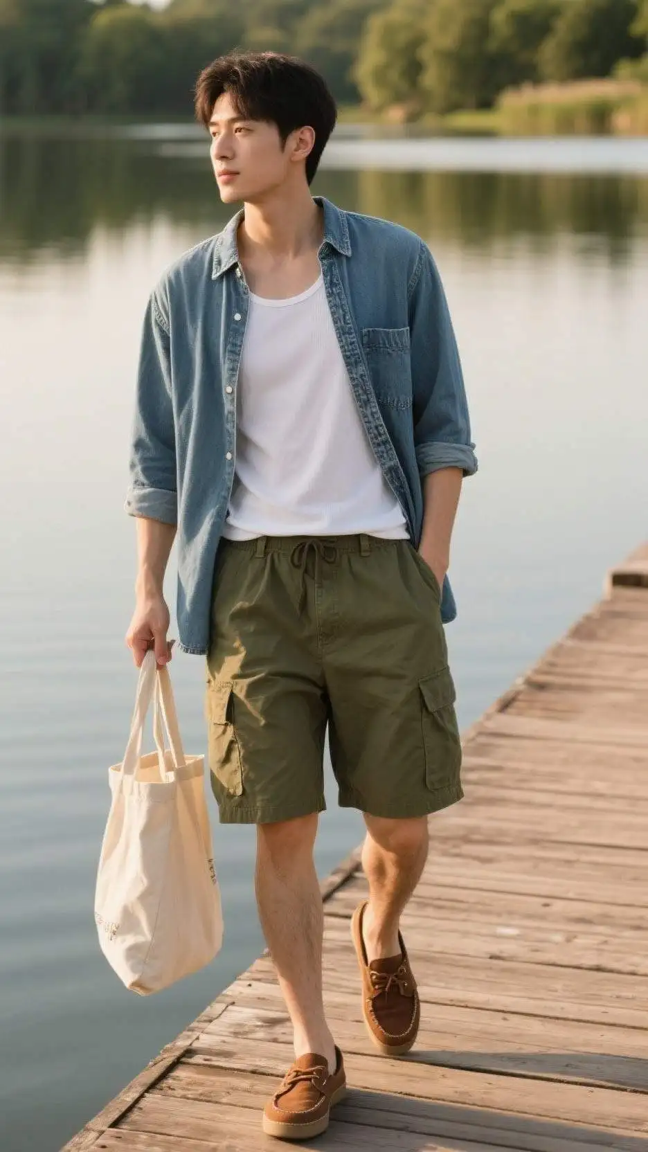 Lightweight Denim Overshirt + Organic Cotton Tank + Relaxed Twill Cargo Shorts + Classic Boat Shoes