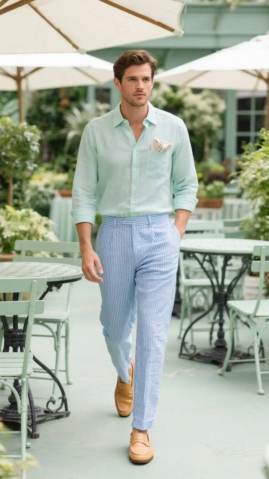 Pastel Oxford Popover + Slim Seersucker Trousers + Leather Slip-On Loafers