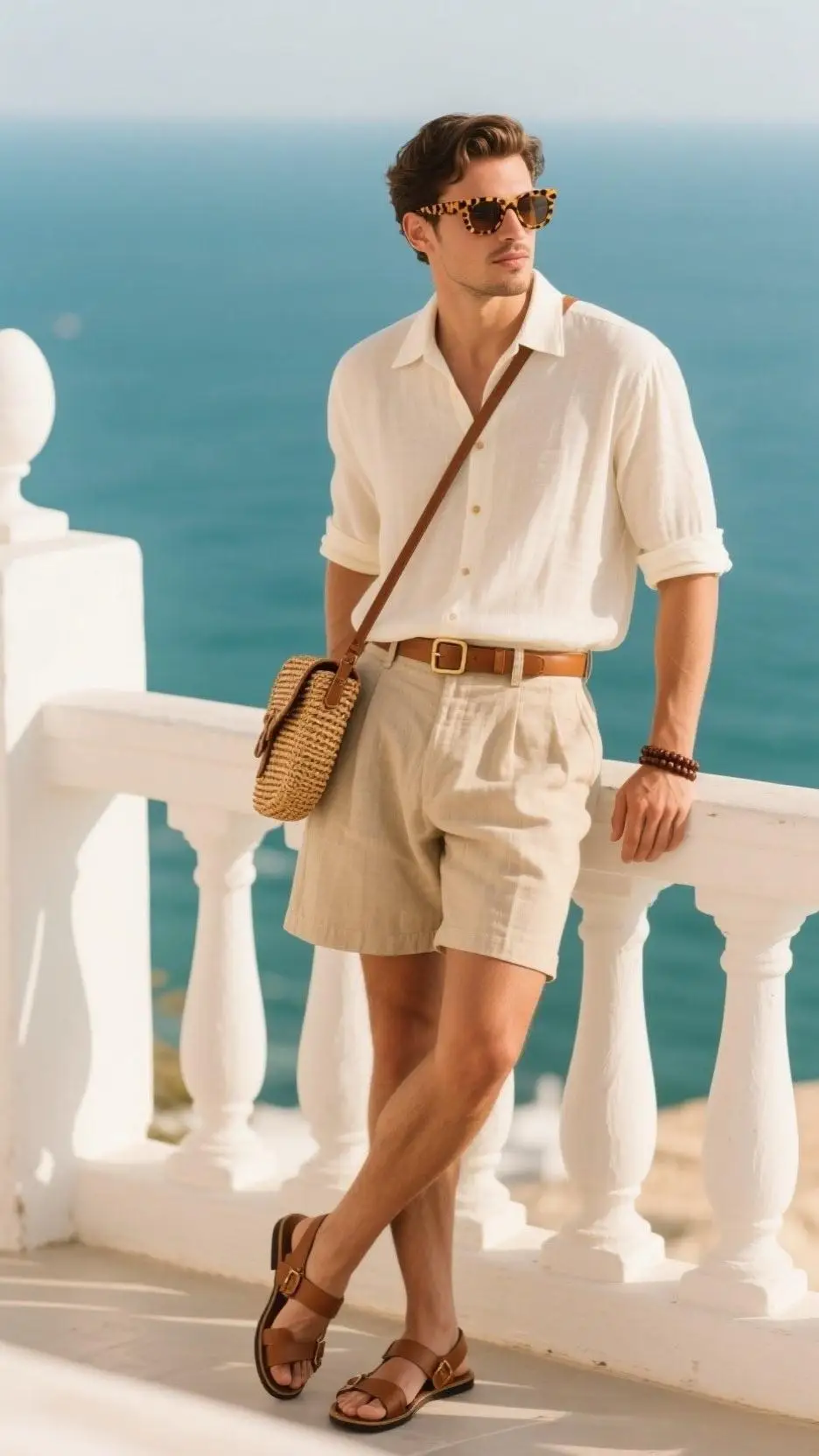 Sun-Bleached Cuban Collar Shirt + Sand Linen Gurkha Shorts + Woven Leather Sandals