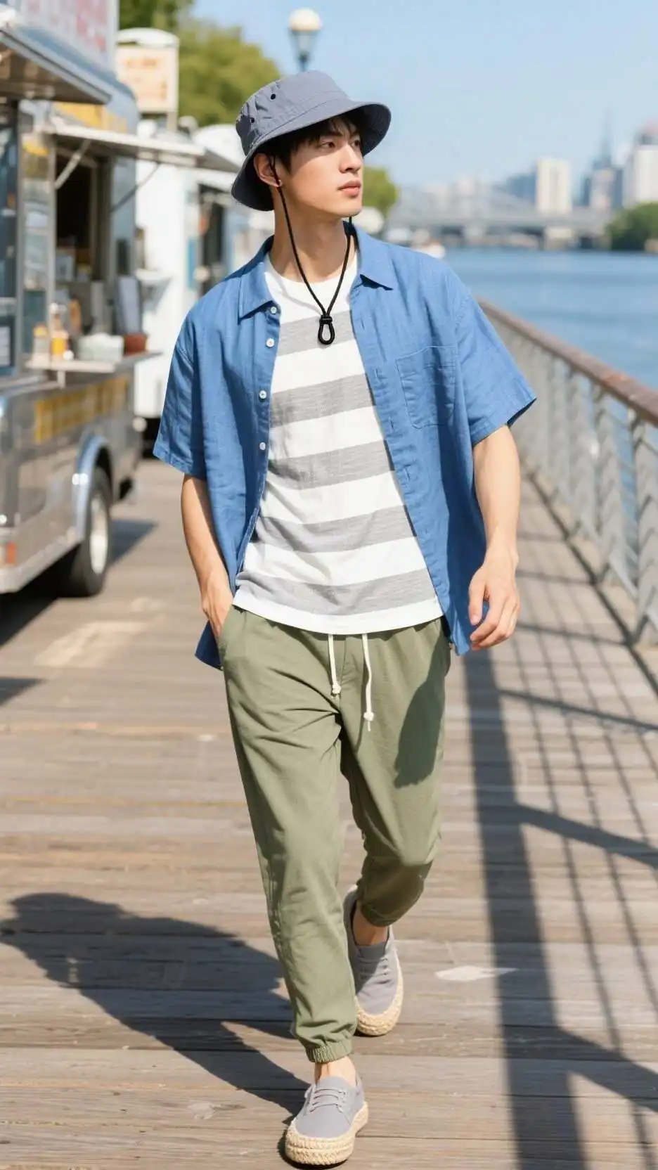 Sky Linen Overshirt + Seersucker Crew Tee + Sage Tech Joggers + Canvas Espadrilles