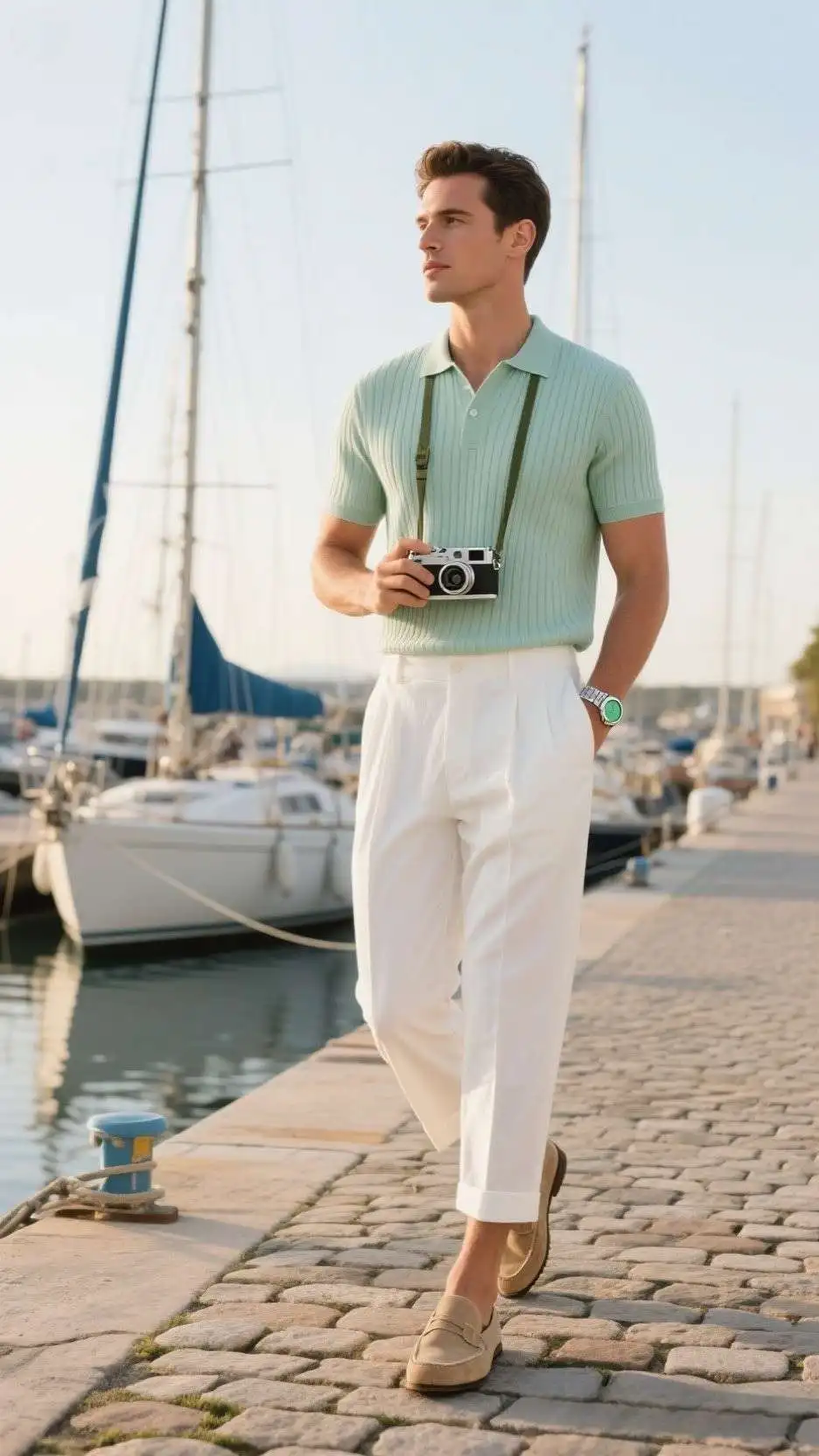Mint Rib-Knit Polo + White Pleated Capri Trousers + Suede Boat Shoes