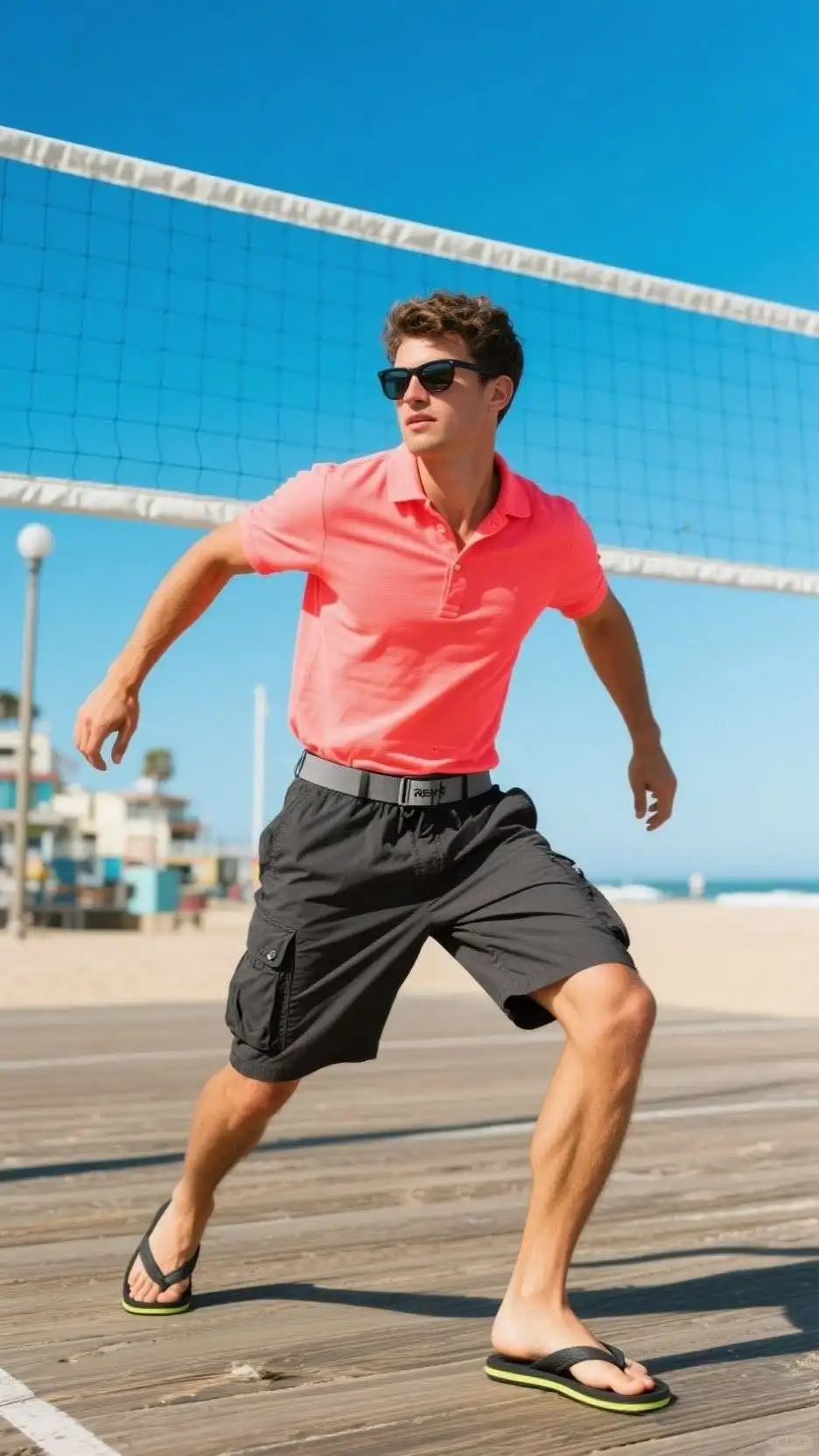 Coral Short-Sleeve Henley + Charcoal Tech Cargo Shorts + Reef Flip-Flops
