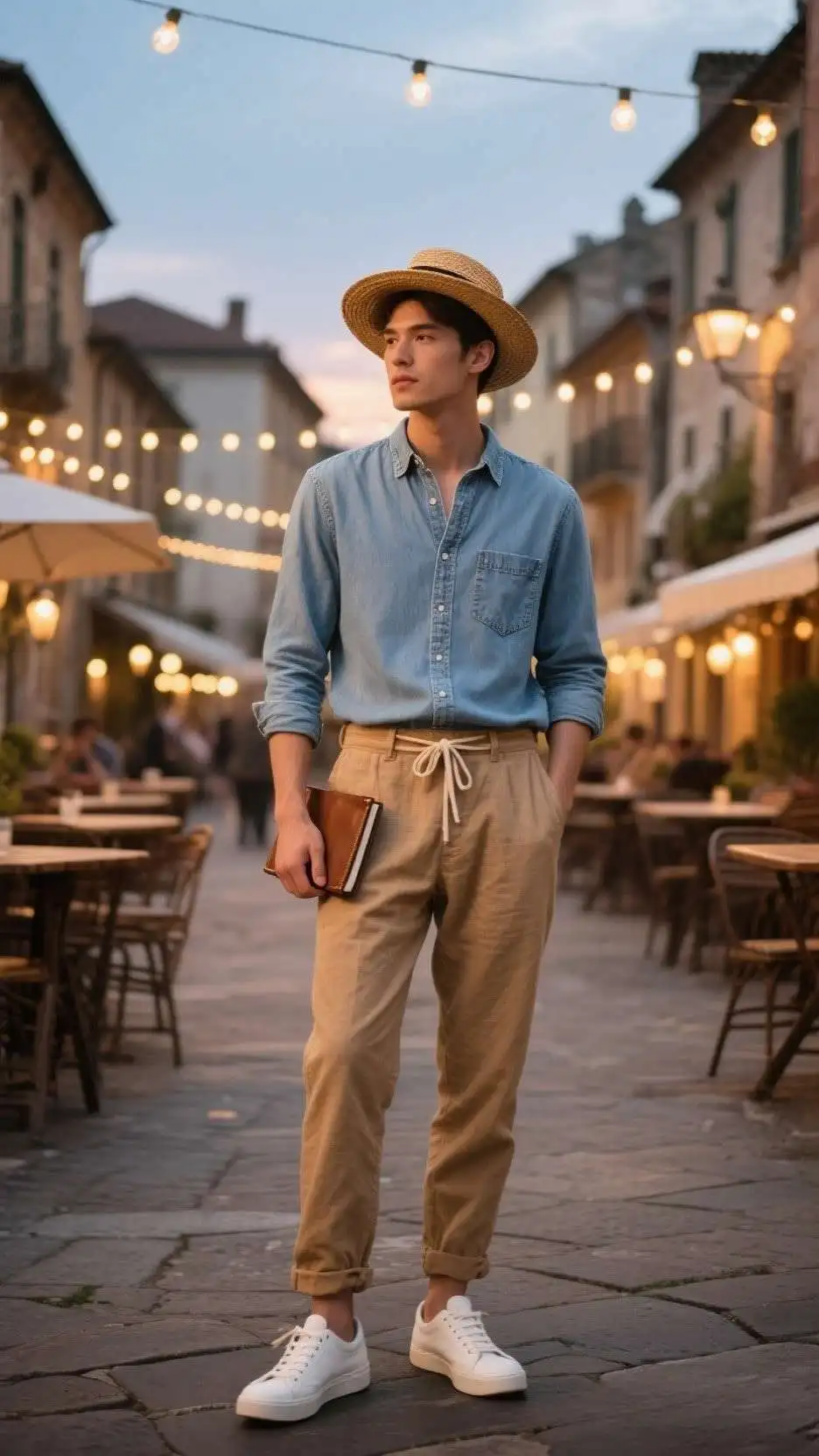 Periwinkle Chambray Western Shirt + Tan Linen Drawstring Pants + White Minimalist Sneakers