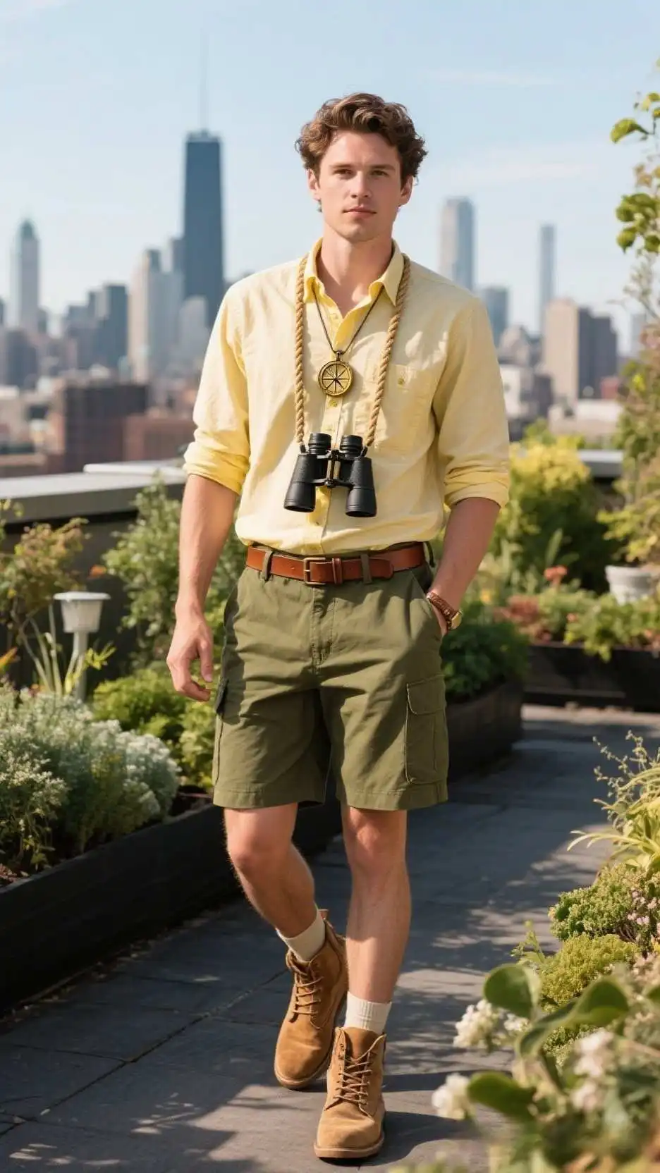 Lemon Oxford Popover + Olive Utility Shorts + Desert Suede Chukkas