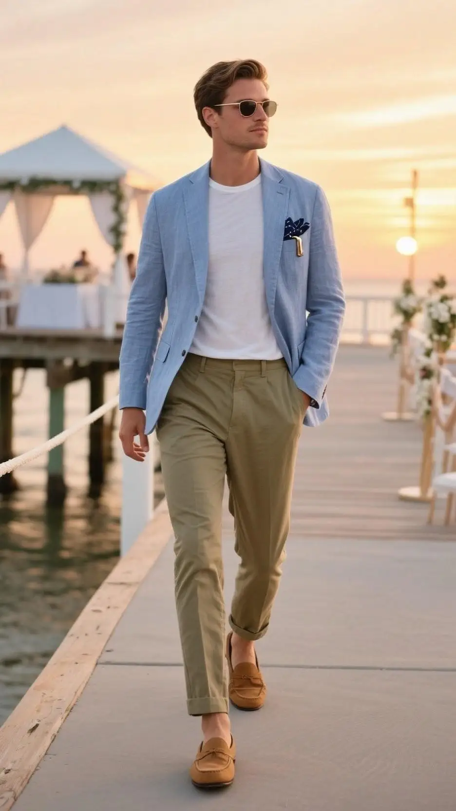 Powder-Blue Resort Blazer + Cream Linen Crew + Khaki Stretch Chinos + Tan Penny Loafers