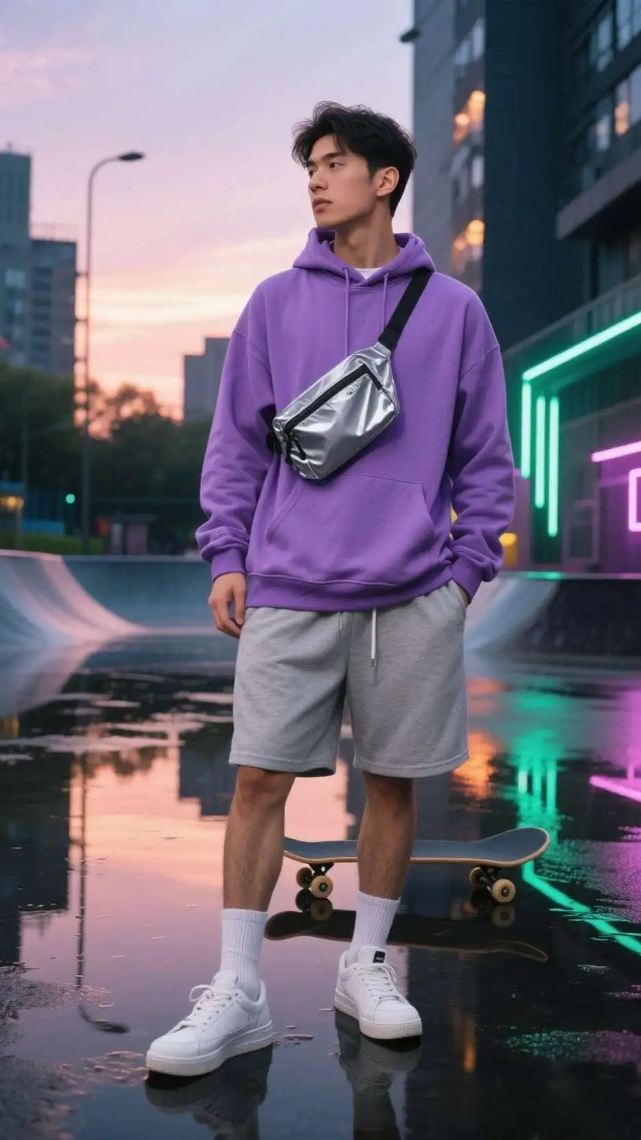 Lavender Lightweight Hoodie + Stone Jersey Shorts + Knit Slip-On Sneakers
