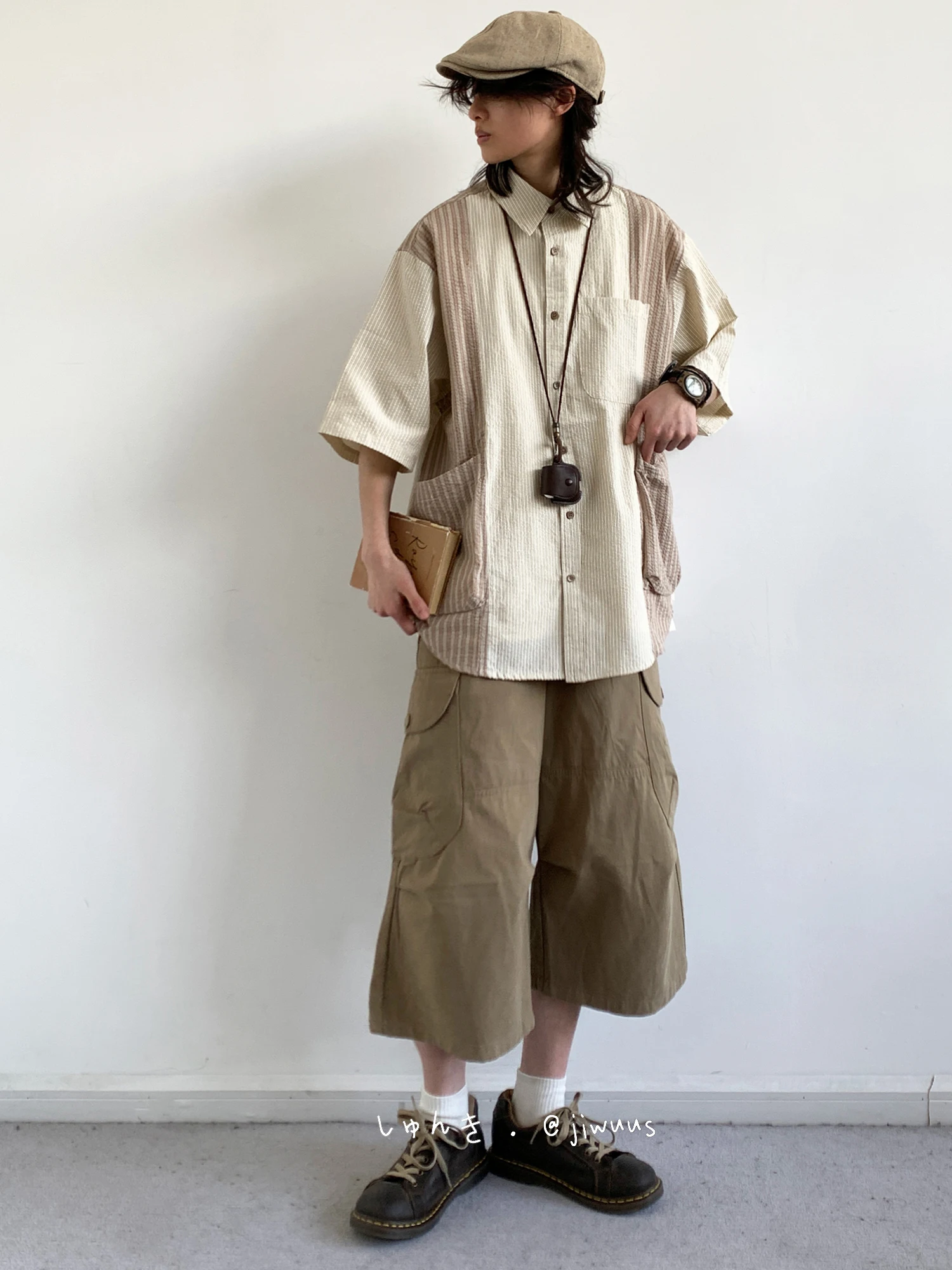 Linen Flat Cap + Patchwork Seersucker Shirt-Jacket + Long Pendant Lanyard + Cargo Culotte Shorts + Distressed Leather Sneakers