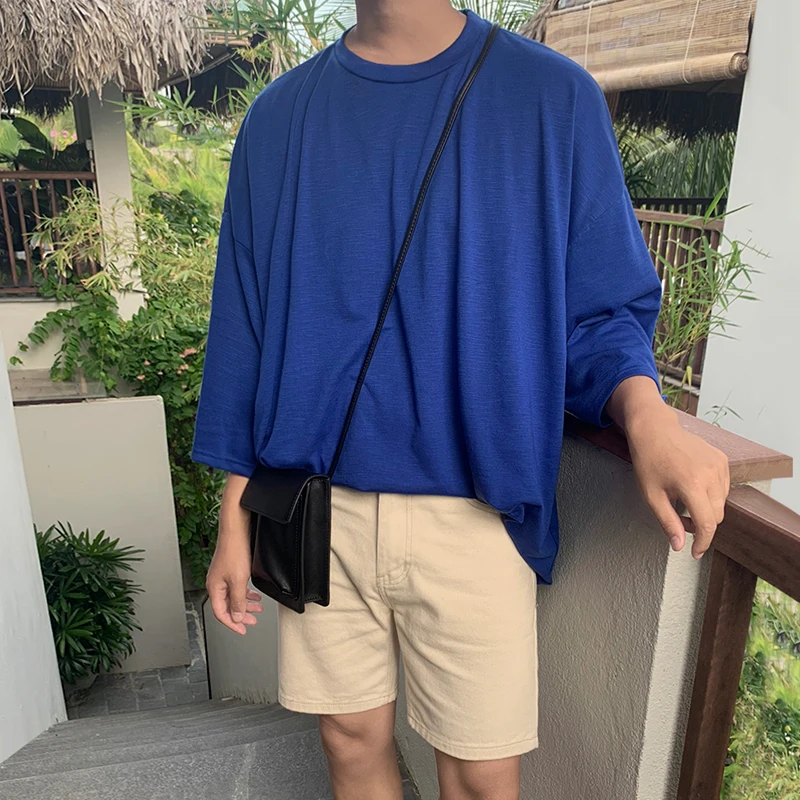 Royal-Blue Oversized Tee + Stone Chino Shorts + Neutral Espadrilles