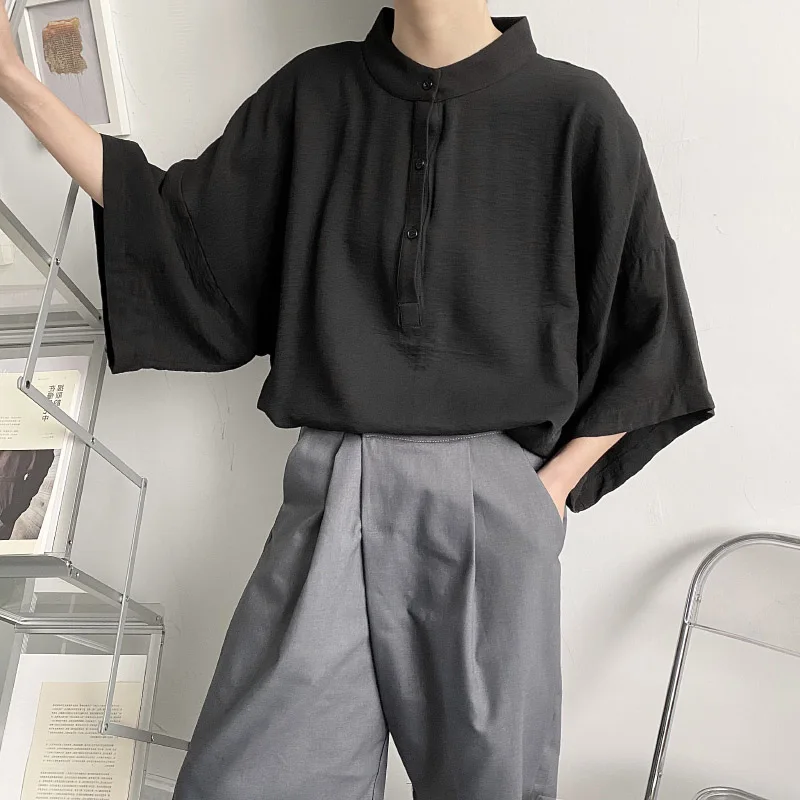 Soft-Structured Mandarin-Collar Shirt + Ash-Grey Pleated Trousers + Minimalist Black Loafers