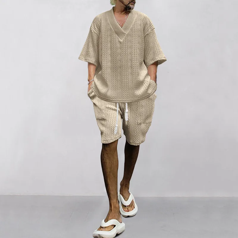 Beige Cable-Knit V-Neck Top + Matching Drawstring Shorts + Cloud-White Slider Sandals