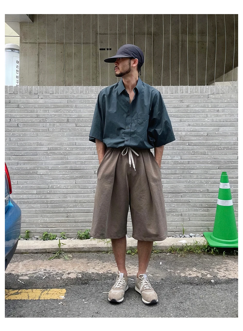 Charcoal Short-Sleeve Button-Down + Wide Culotte Shorts + Stone Retro Sneakers