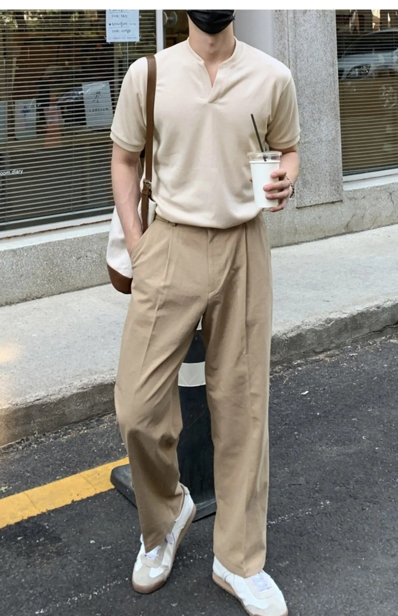 Split-Neck Knit Polo + Camel Pleated Trousers + Retro Trainer Sneakers