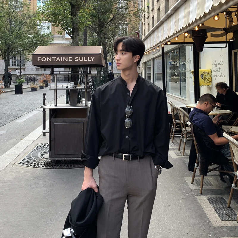 Relaxed Black Button-Down + Slate Tapered Trousers + Polished Leather Loafers