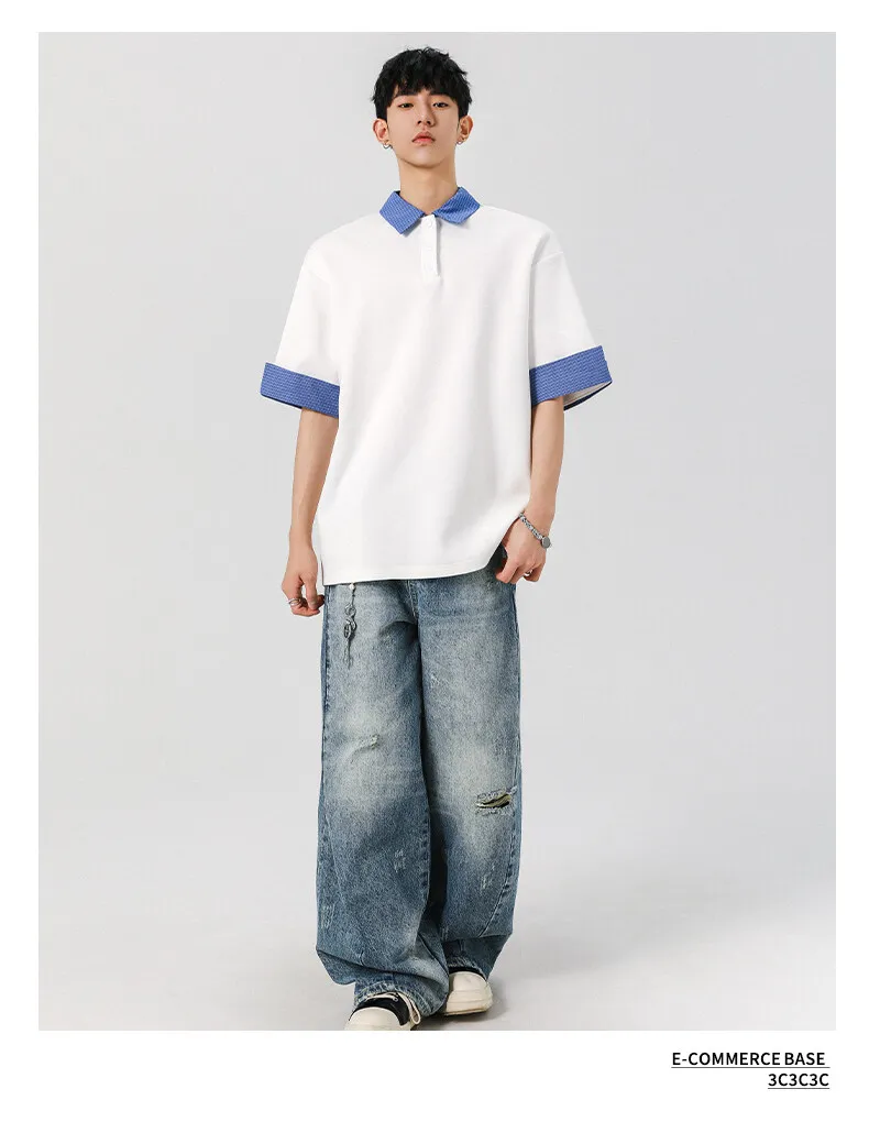 White-and-Blue Contrast-Collar Polo + Vintage-Wash Wide Jeans + Classic Canvas Sneakers