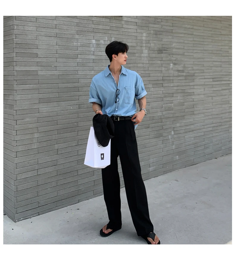 Light Denim Short-Sleeve Shirt + Belted Black Trousers + Minimal Thong Sandals