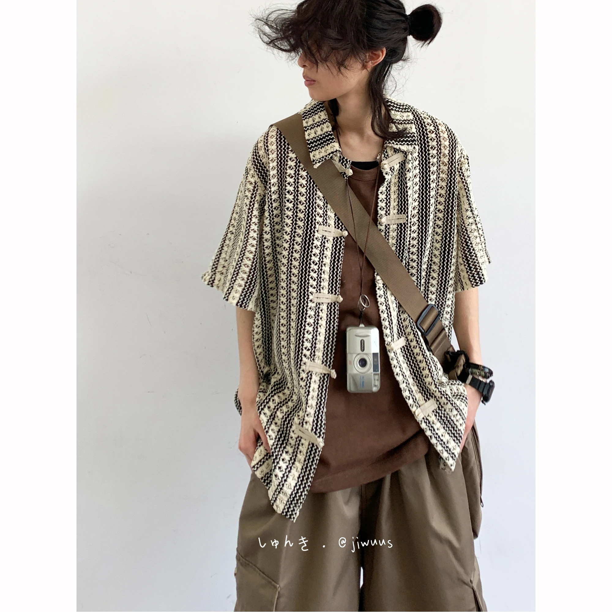Patterned Jacquard Shirt + Chocolate Oversized Tee + Cargo Shorts + Desert Boots