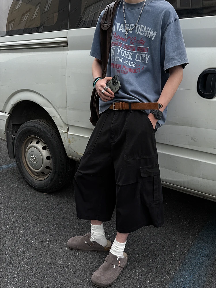Vintage Graphic Tee + Black Knee Cargo Shorts + Suede Clog Mules