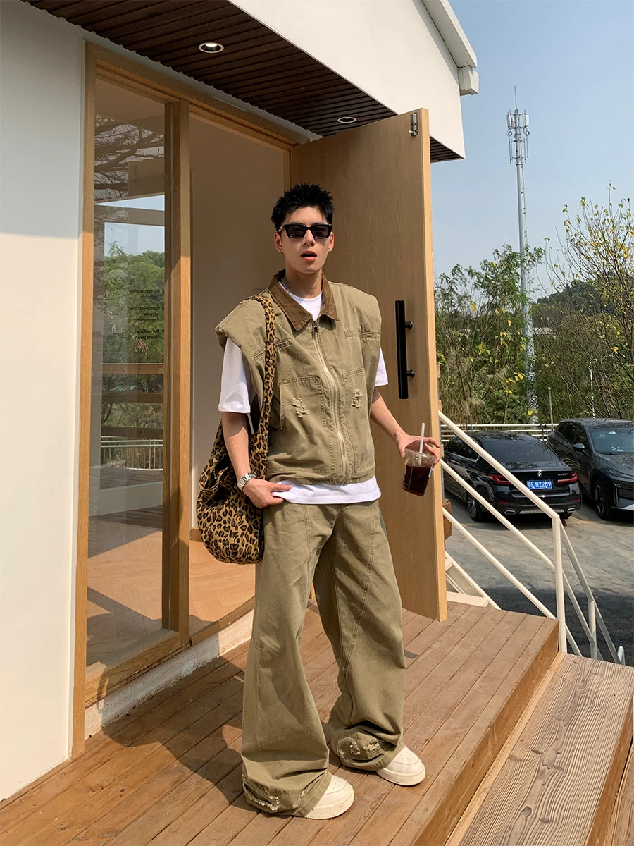 Khaki Sleeveless Utility Vest + Khaki Wide-Leg Pants + Chunky Off-White Sneakers