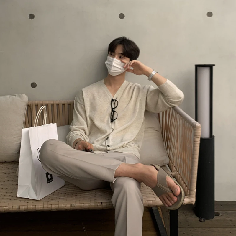 Oatmeal Linen Cardigan + Taupe Slim Trousers + Beige Suede Slides