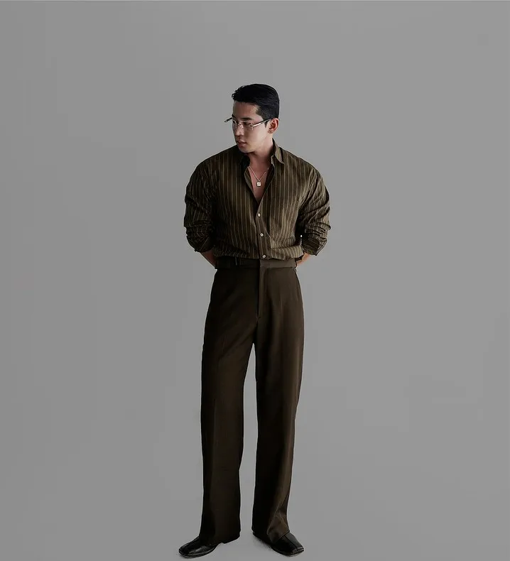 Olive Pinstripe Button-Down + Deep Olive Tailored Trousers + Black Penny Loafers