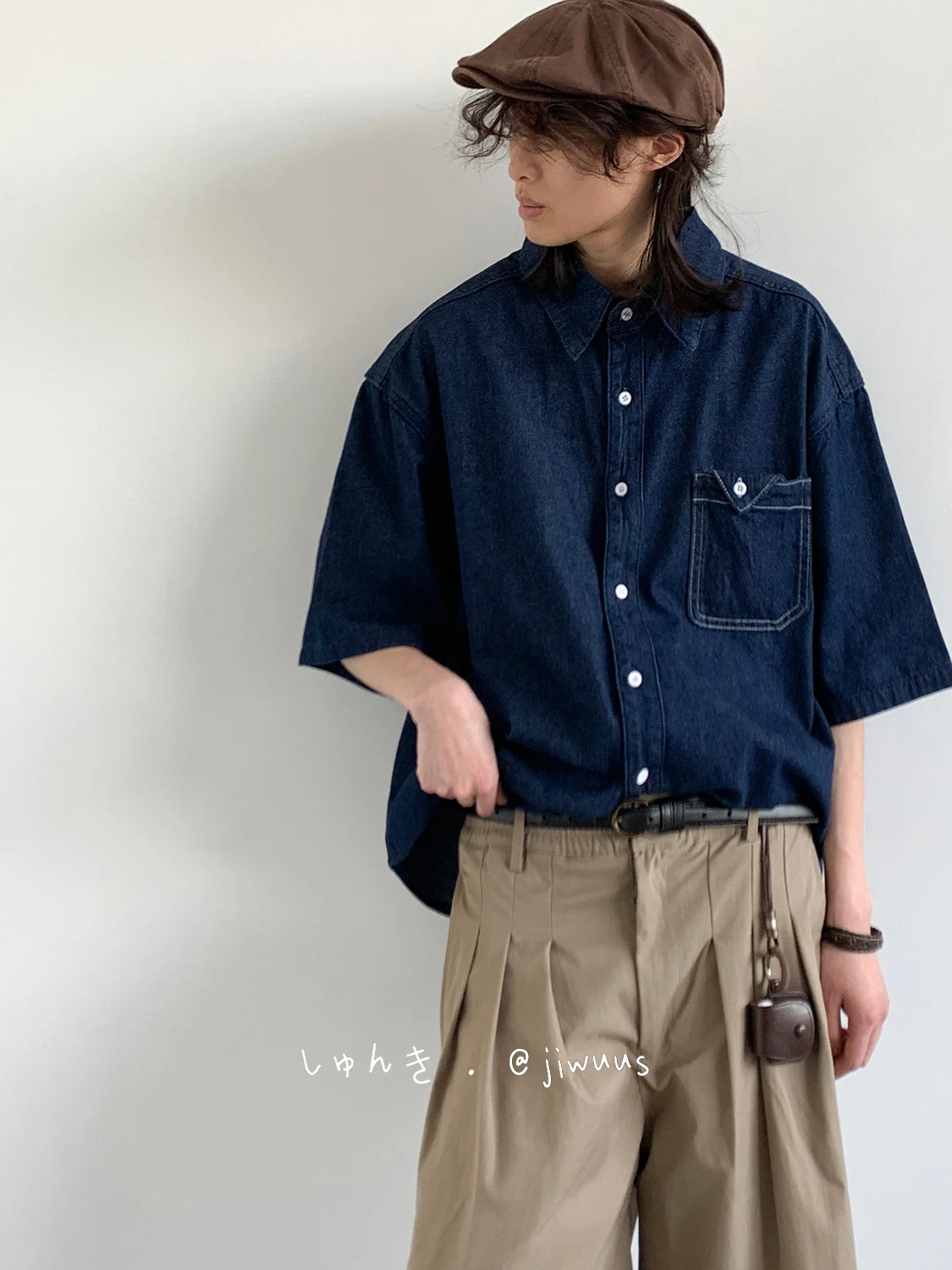 Dark Denim Short-Sleeve Shirt + Tan Pleated Trousers + Chocolate Leather Loafers