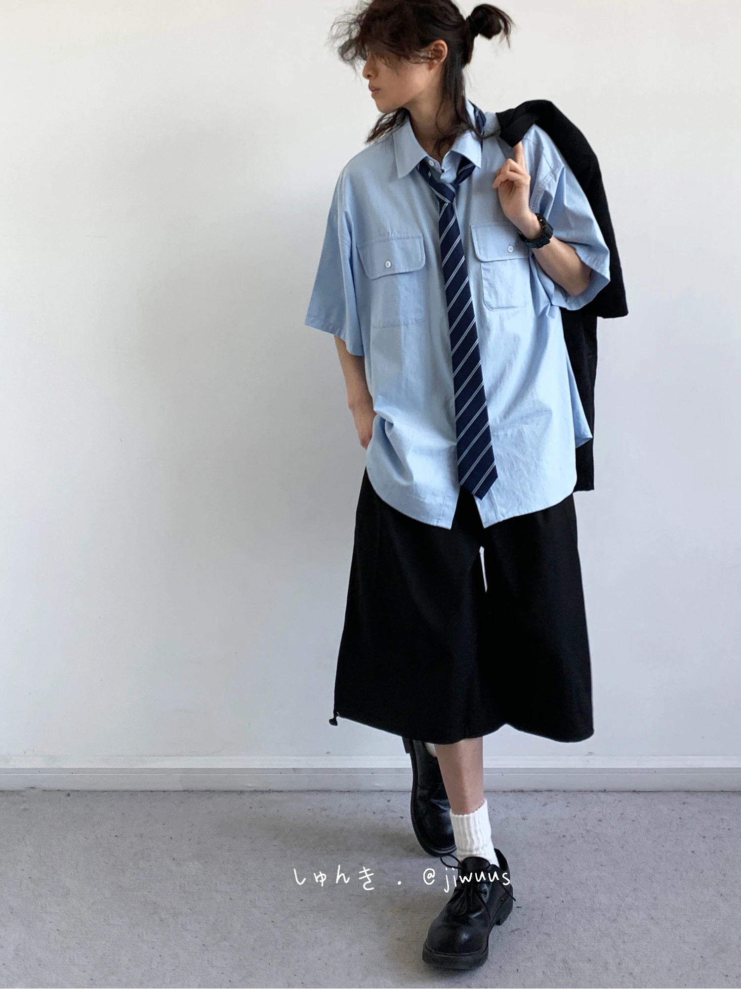 Sky-Blue Utility Shirt + Black Culotte Shorts + Black Derby Shoes