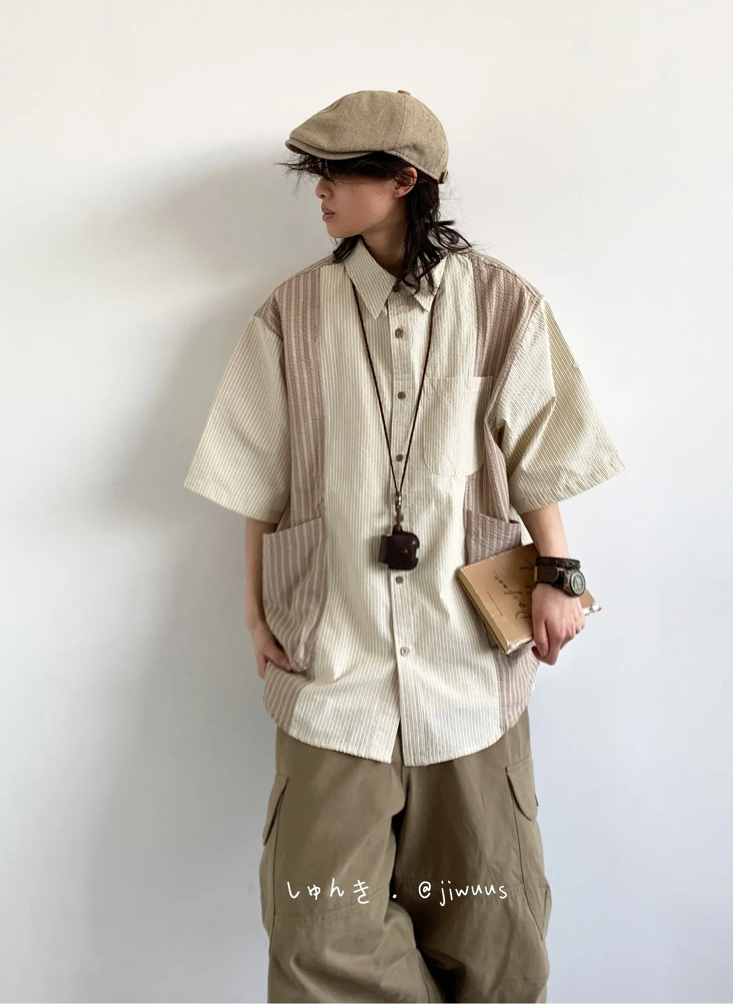Striped Patchwork Shirt + Cargo Parachute Pants + Cream Canvas High-Tops