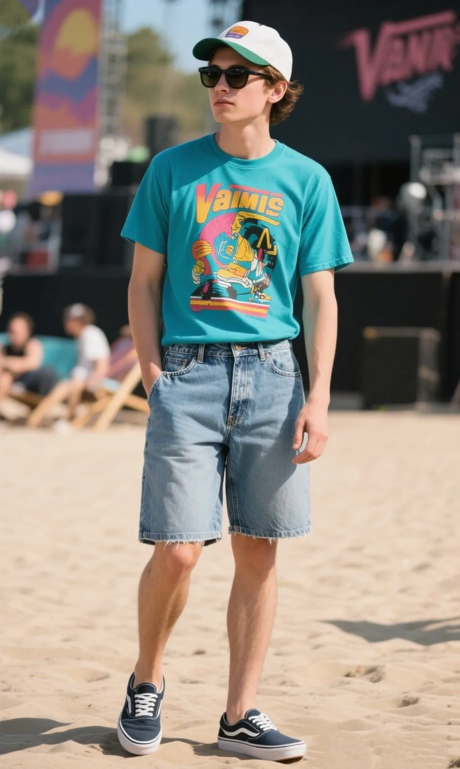2. Graphic Tee with Denim Shorts and Slip-On Sneakers