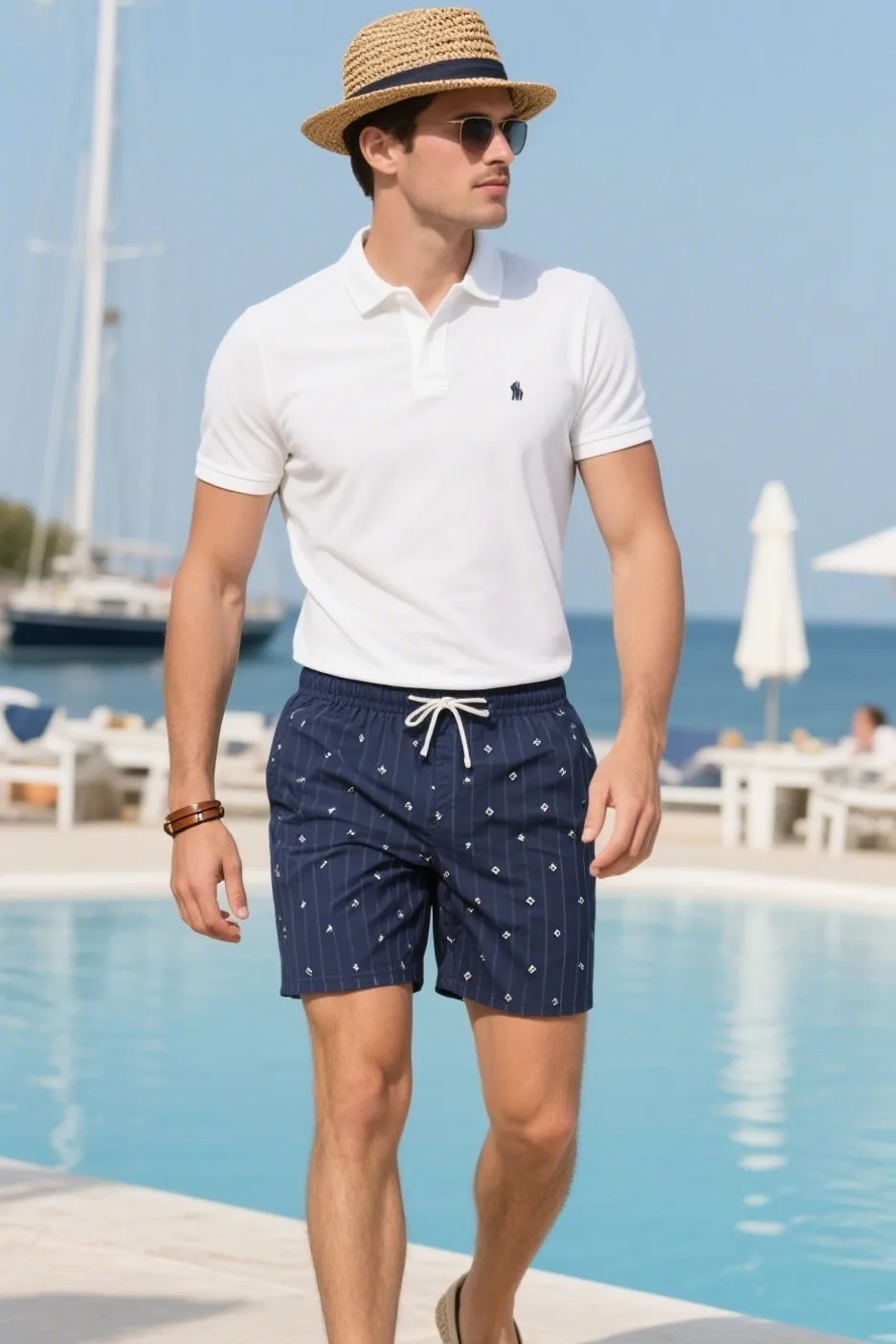 3. White Polo Shirt with Navy Swim Trunks and Espadrilles
